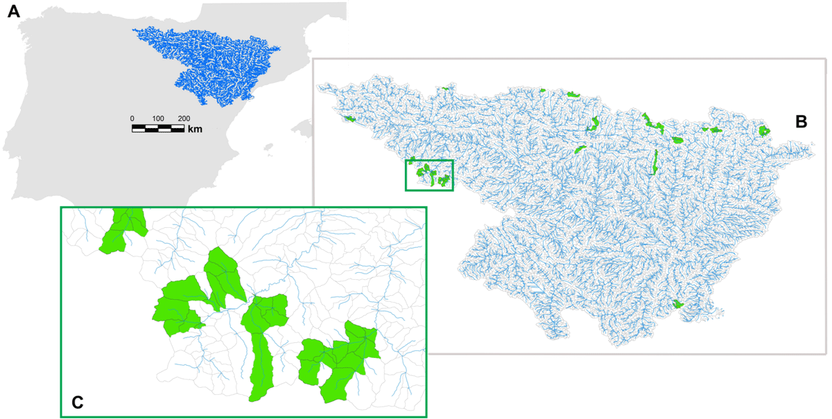 Una imagen compuesta por tres gráficos-mapas de distinta escala, desde el mapa completo de la penísnsula hasta el detalle de una cuenca fluvial.